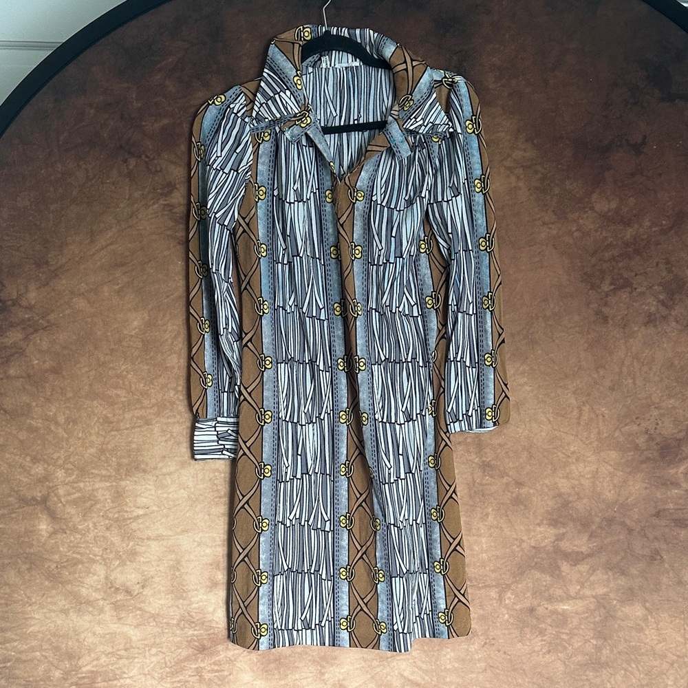 Elegant Long Sleeve Patterned Shirtdress Vintage 60s 70s Made in Italy Polyamide